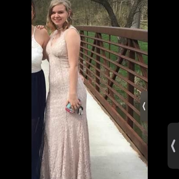 Cream colored prom dress size 5 only wore 1. Zipper in the back and neck latch. - Picture 2 of 2